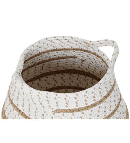 Two DKD Home Decor jute storage baskets in white, brown, and gray for home organization, shown in a cozy household setting.
