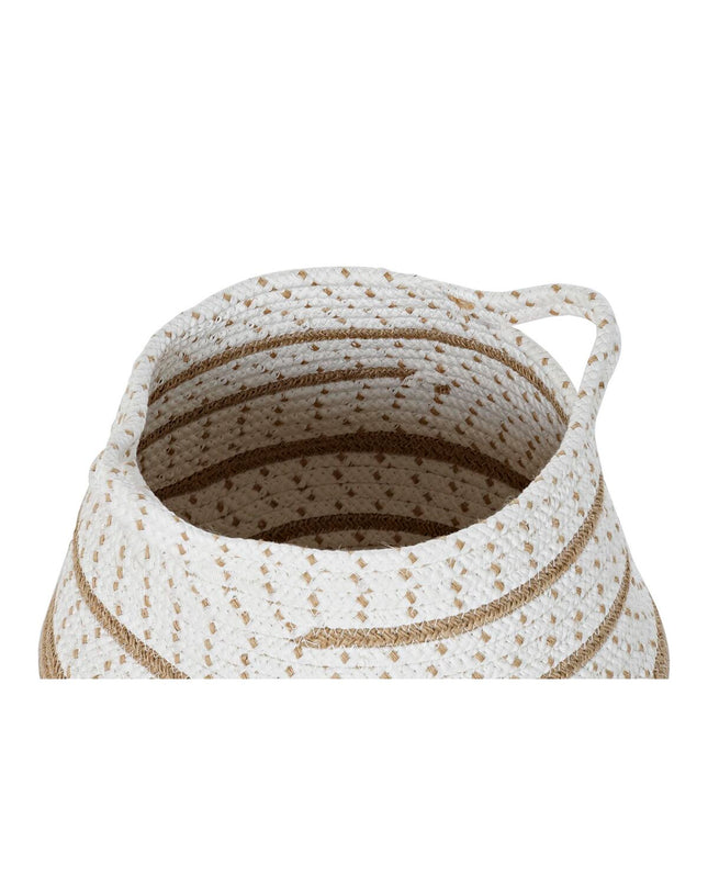 Two DKD Home Decor jute storage baskets in white, brown, and gray for home organization, shown in a cozy household setting.