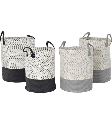 Set of two DKD Home Decor woven baskets in white, light gray, and gray for home organization and storage.