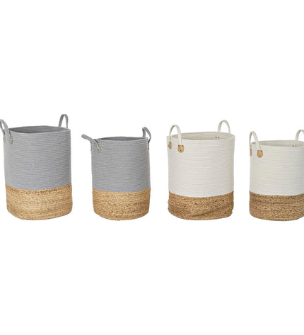 Two natural light gray wicker baskets from DKD Home Decor, ideal for home organization and storage, shown stacked on a wooden surface.