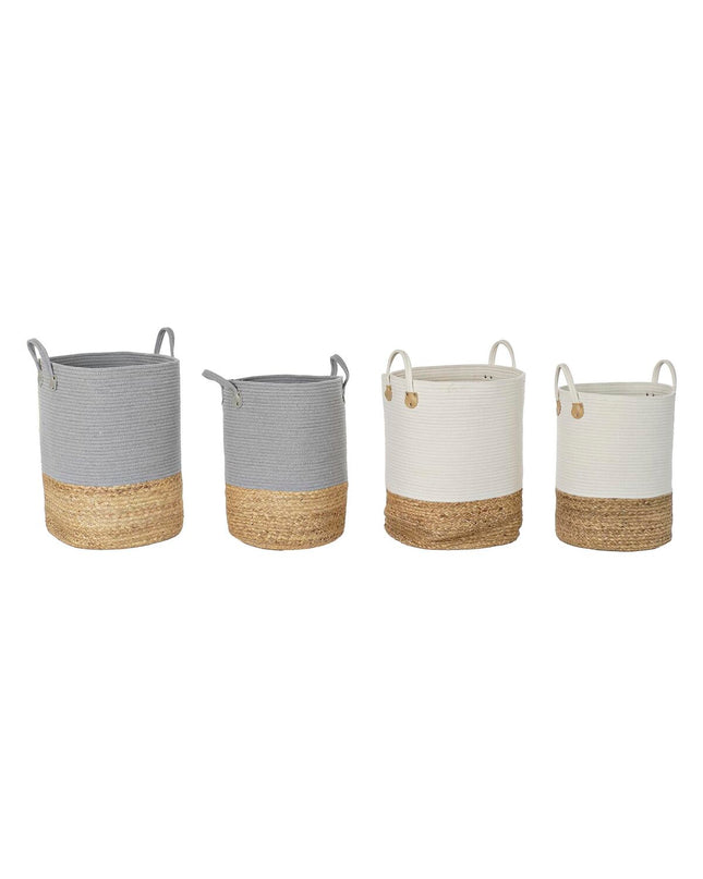 Two natural light gray wicker baskets from DKD Home Decor, ideal for home organization and storage, shown stacked on a wooden surface.