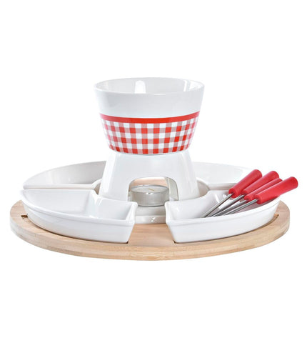 Set of 10 DKD Home Decor fondue tools, stainless steel kitchen utensils on a wooden board, 26.5 cm square.