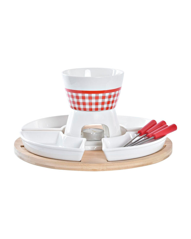 Set of 10 DKD Home Decor fondue tools, stainless steel kitchen utensils on a wooden board, 26.5 cm square.