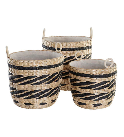 Set of three black and natural fiber storage baskets by DKD Home Decor for home organization and kitchen use.