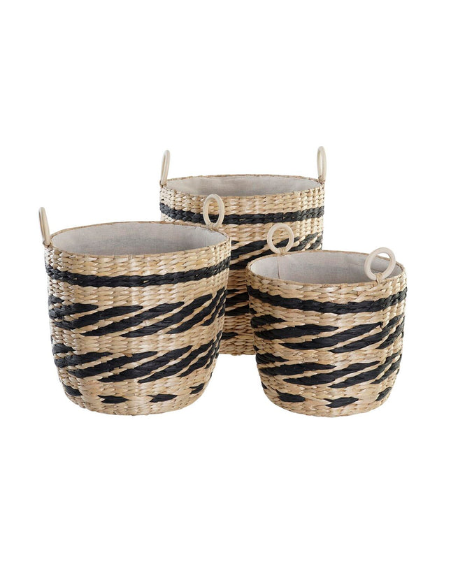 Set of three black and natural fiber storage baskets by DKD Home Decor for home organization and kitchen use.