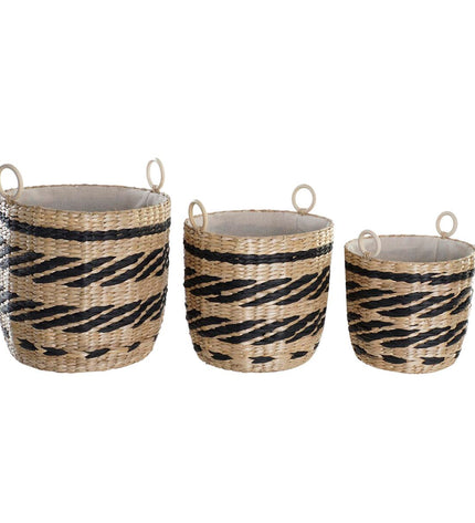 Set of three black and natural fiber baskets for home decor, storage, and organization by DKD Home Decor.
