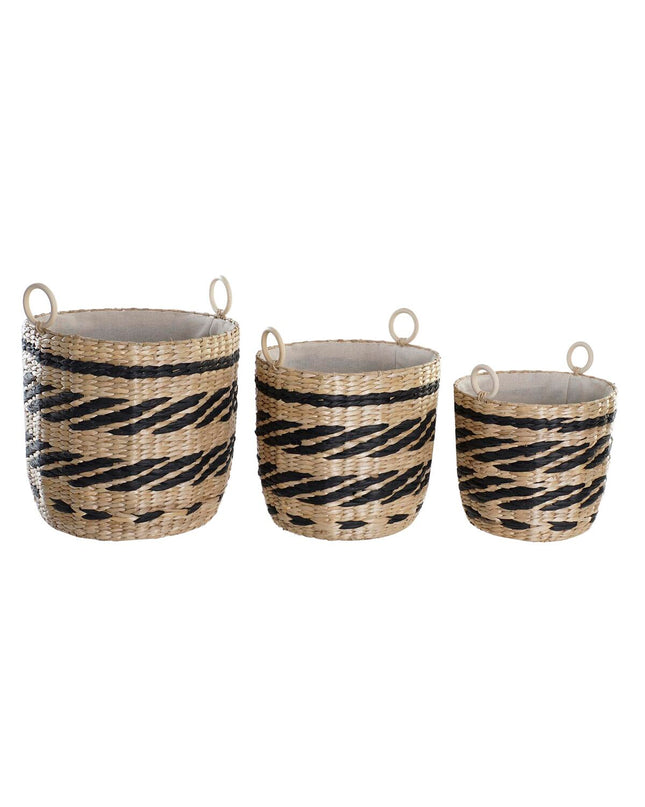 Set of three black and natural fiber baskets for home decor, storage, and organization by DKD Home Decor.