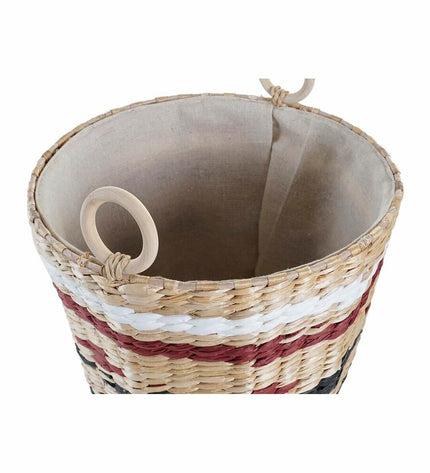 DKD Home Decor basket spelset with three natural fiber storage baskets in white, black, and kastanjebruin for home organization.