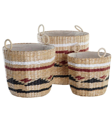 DKD Home Decor basket spelset with three natural fiber storage baskets in white, black, and chestnut brown for home organization.