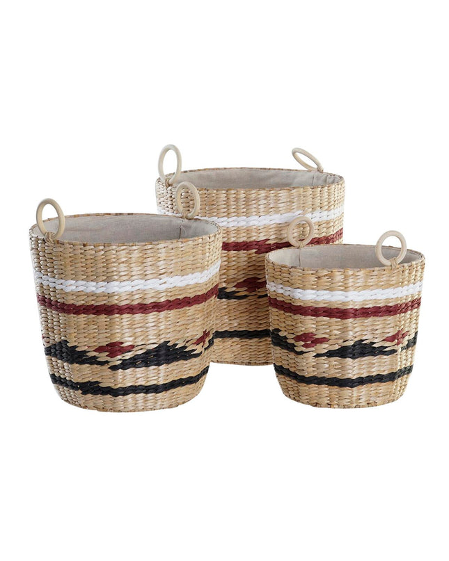 DKD Home Decor basket spelset with three natural fiber storage baskets in white, black, and chestnut brown for home organization.