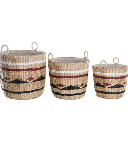 DKD Home Decor basket spelset with three natural fiber storage baskets in white, black, and kastanjebruin for home organization.