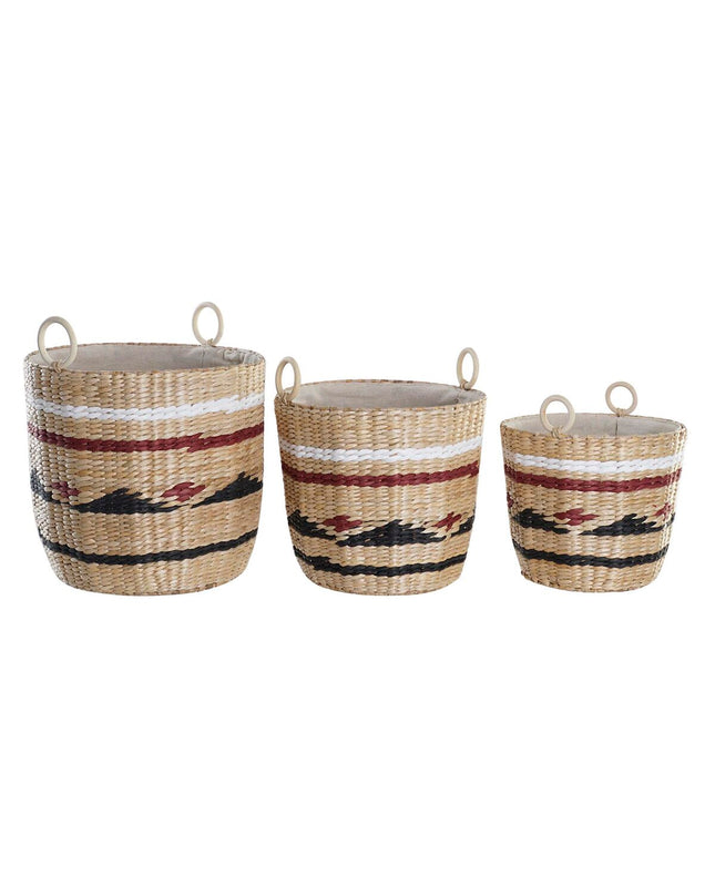 DKD Home Decor basket spelset with three natural fiber storage baskets in white, black, and kastanjebruin for home organization.