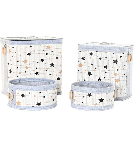 DKD Home Decor mandenset with white, black, gray, and gold bamboo star designs, 41x31x42 cm, four storage baskets for home organization