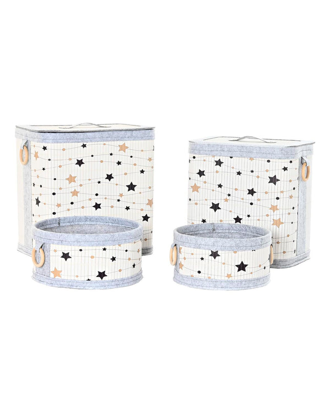 DKD Home Decor mandenset with white, black, gray, and gold bamboo star designs, 41x31x42 cm, four storage baskets for home organization