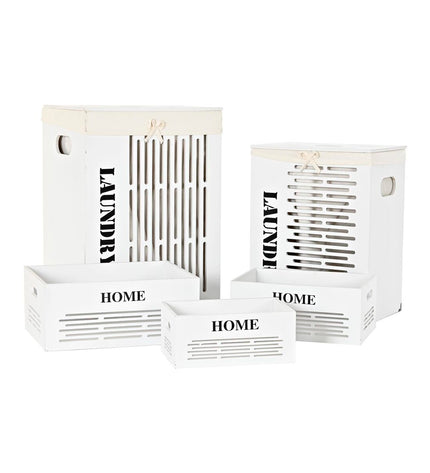 DKD Home Decor storage set with five beige, white, and black MDF wooden boxes in various sizes for home organization.