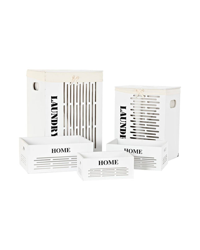 DKD Home Decor storage set with five beige, white, and black MDF wooden boxes in various sizes for home organization.