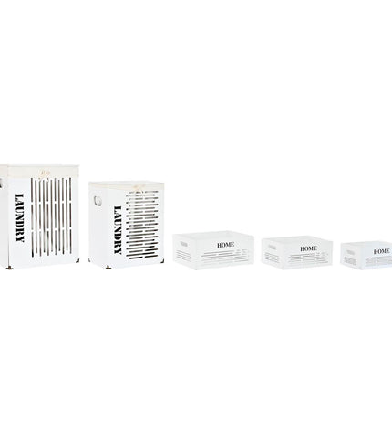 DKD Home Decor beige and white wooden storage boxes set with five pieces, ideal for house and kitchen organization.