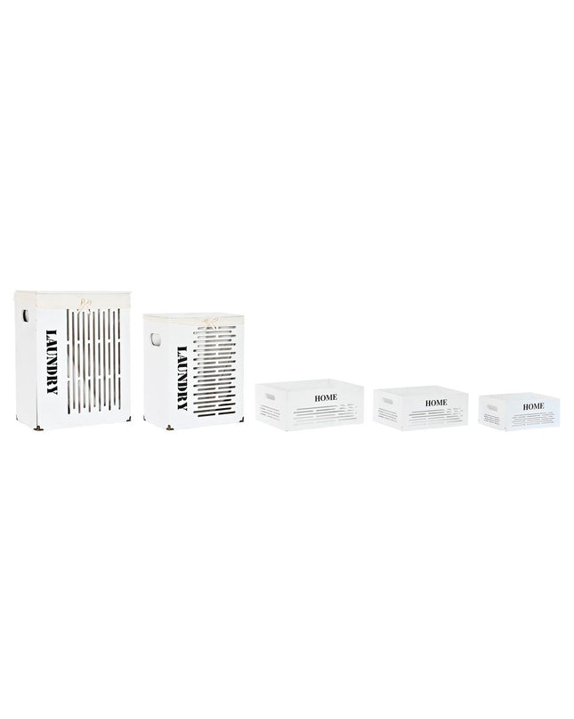 DKD Home Decor beige and white wooden storage boxes set with five pieces, ideal for house and kitchen organization.