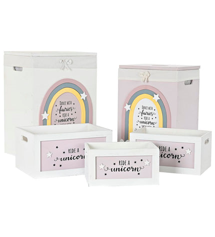 Set of five colorful yellow, white, gray, and pink Paulownia wood storage boxes by DKD Home Decor, ideal for kids' organization.