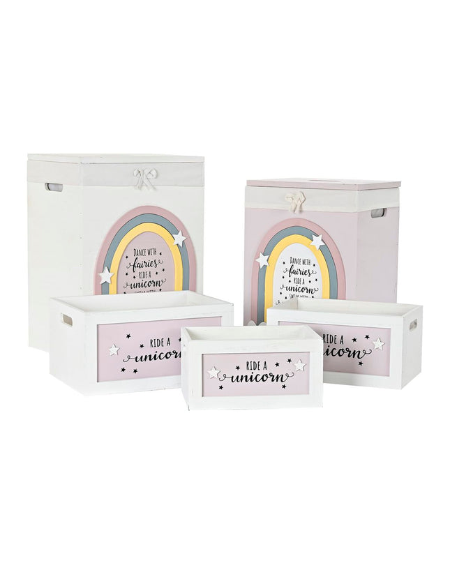 Set of five colorful yellow, white, gray, and pink Paulownia wood storage boxes by DKD Home Decor, ideal for kids' organization.
