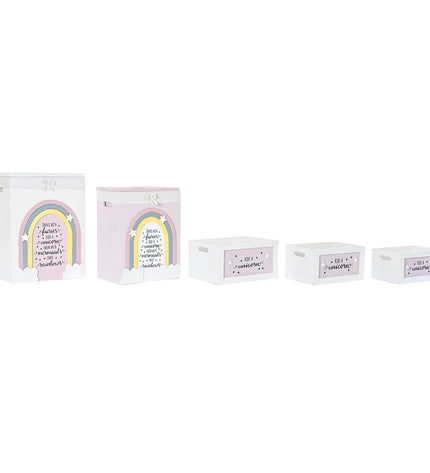 DKD Home Decor yellow, white, gray, and pink Paulownia wood storage boxes set for kids, 40x30x55 cm, five-piece organizer.