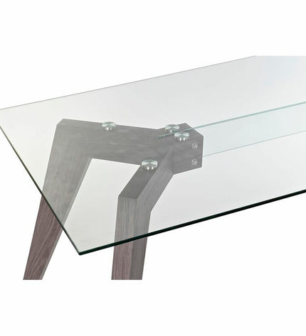 DKD Home Decor rectangular dining table with a transparent glass top and wooden MDF legs, measuring 160x90x75 cm.
