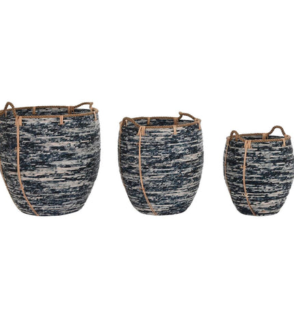 DKD Home Decor plastic basket set with black and white woven design, three storage containers, 56x56x60 cm and 52x52x60 cm.