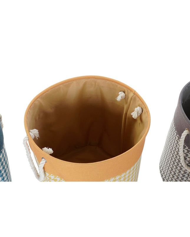 Set of three DKD Home Decor laundry baskets with gray, blue, and yellow pied-de-poule pattern, 45x45x45 cm for home organization.