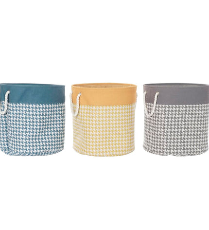 Set of three DKD Home Decor laundry baskets with Pied-de-poule pattern in gray, blue, and yellow, 45x45x45 cm.