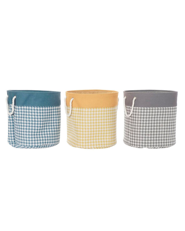 Set of three DKD Home Decor laundry baskets with Pied-de-poule pattern in gray, blue, and yellow, 45x45x45 cm.