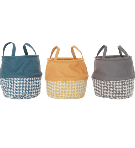 Set of 3 DKD Home Decor laundry baskets with yellow and dark gray pied-de-poule pattern, 28x28x28 cm, for home organization.