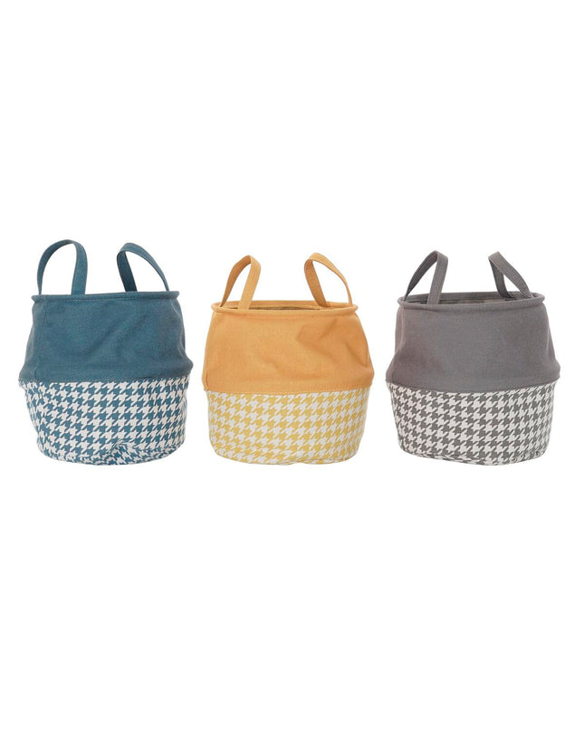 Set of 3 DKD Home Decor laundry baskets with yellow and dark gray pied-de-poule pattern, 28x28x28 cm, for home organization.