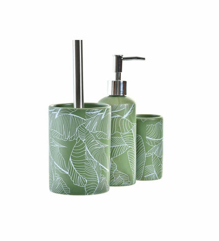 Green and silver DKD Home Decor plastic and dolomite tropical leaf-shaped bath decor, 9.5 x 9.5 x 37 cm.