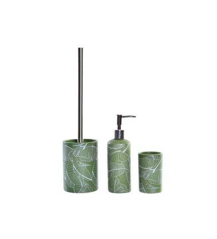 DKD Home Decor green and silver tropical leaf bath decor made of polypropyleen and dolomite, 9.5x9.5x37 cm
