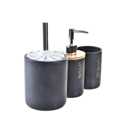 DKD Home Decor black and natural bamboo dolomite bathroom set with three pieces, 10.2 x 10.2 x 37.5 cm, for home and kitchen use.