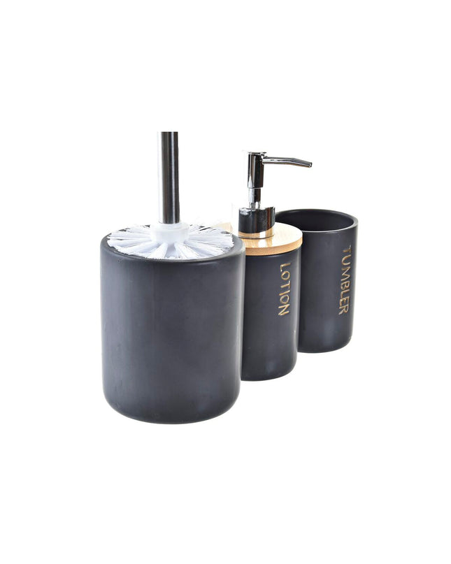 DKD Home Decor black and natural bamboo dolomite bathroom set with three pieces, 10.2 x 10.2 x 37.5 cm, for home and kitchen use.