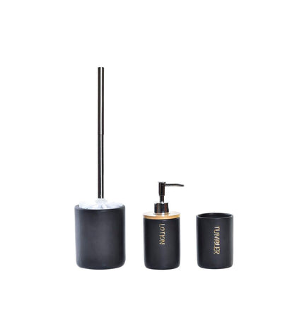 DKD Home Decor black bamboo and dolomite bathroom set with three pieces, including containers for home and kitchen use.