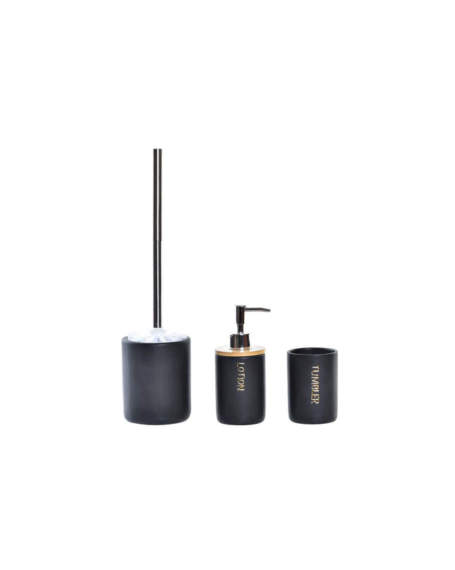 DKD Home Decor black bamboo and dolomite bathroom set with three pieces, including containers for home and kitchen use.