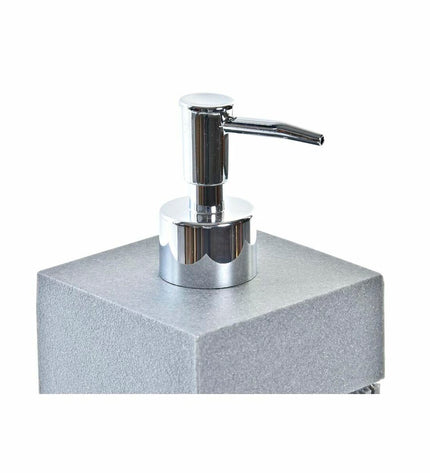Gray DKD Home Decor soap dispenser for bathroom and kitchen, made of durable resin and polypropylene with a sleek silver finish.