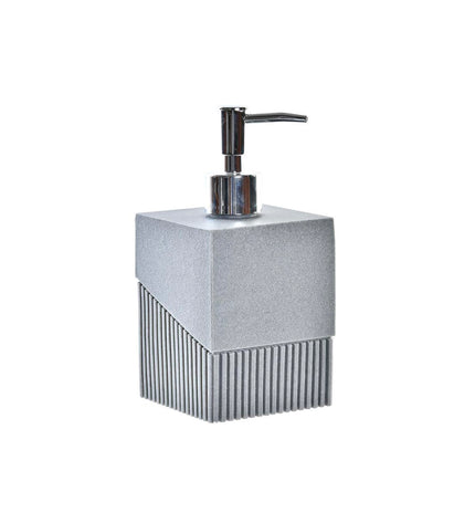 Gray DKD Home Decor soap dispenser for bathroom and kitchen, made of resin and polypropylene with silver finish.