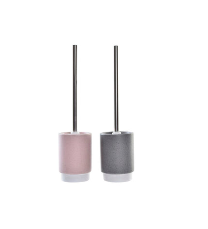 DKD Home Decor grey and light pink metal toilet brush holder set with dolomite base, 9.8 x 9.8 x 39 cm, for bathroom decor.