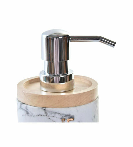White marble DKD Home Decor soap dispenser with natural resin and rubber accents, designed for bathroom and kitchen use.