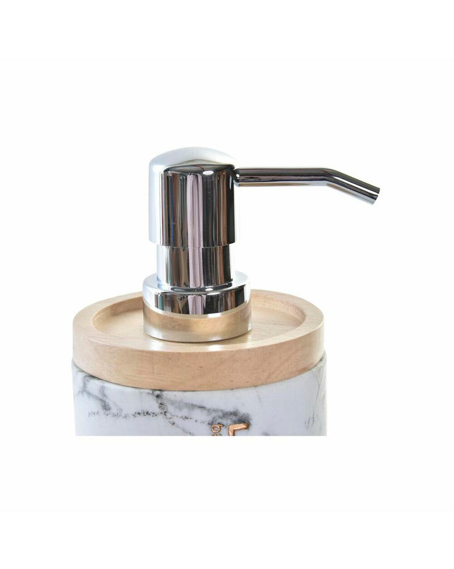 White marble DKD Home Decor soap dispenser with natural resin and rubber accents, designed for bathroom and kitchen use.