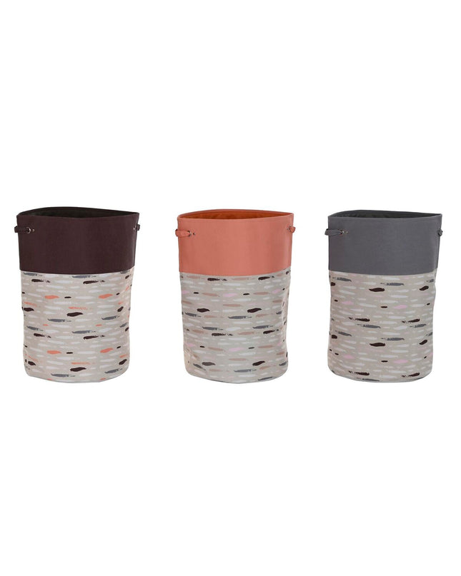 Set of three DKD Home Decor gray and orange laundry baskets, 40x40x60 cm, for home organization and storage in the house.