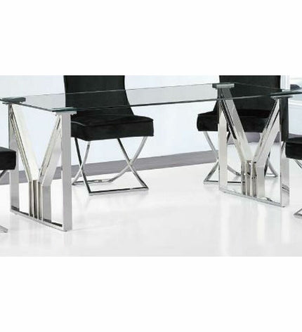 DKD Home Decor glass dining table with transparent crystal and silver steel legs, 180x90x75 cm, modern house and kitchen furniture
