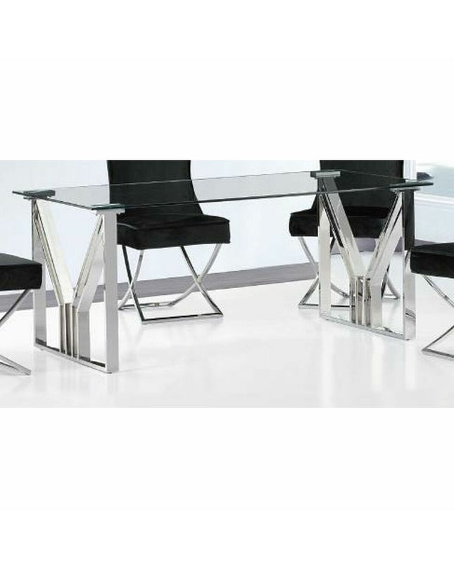 DKD Home Decor glass dining table with transparent crystal and silver steel legs, 180x90x75 cm, modern house and kitchen furniture