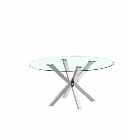 DKD Home Decor crystal silver-colored steel dining table, 110x110x76 cm, with a modern glass top and sturdy metal legs.