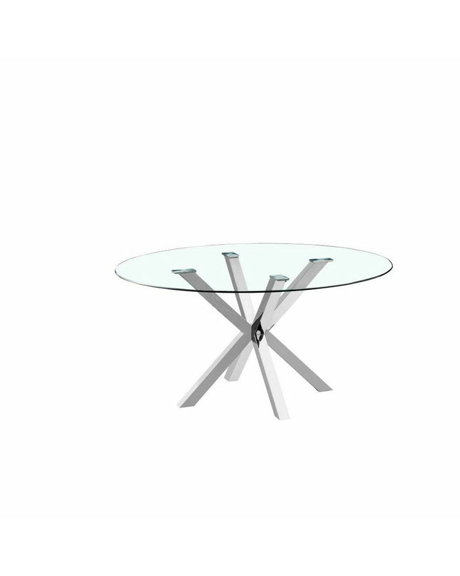 DKD Home Decor crystal silver-colored steel dining table, 110x110x76 cm, with a modern glass top and sturdy metal legs.