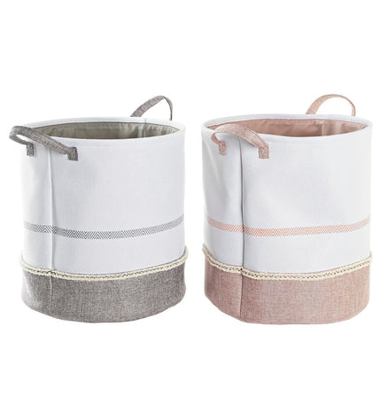 Two DKD Home Decor gray and pink polyester laundry baskets, 39x39x41 cm, for home organization and storage.