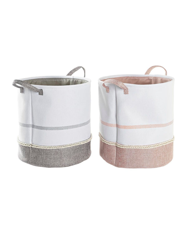Two DKD Home Decor gray and pink polyester laundry baskets, 39x39x41 cm, for home organization and storage.